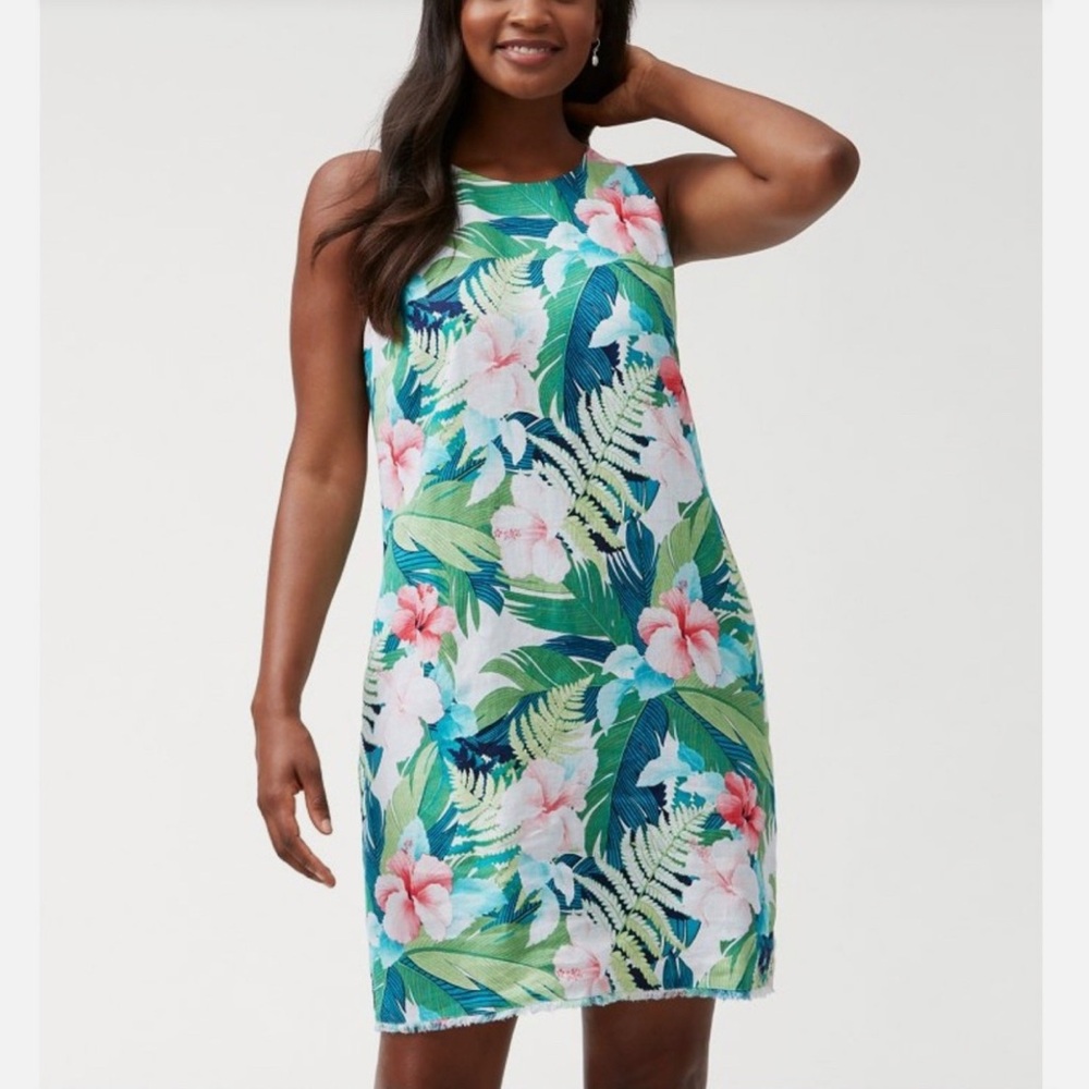Tommy Bahama 100% Linen Hibiscus Hues Shift Dress Tropical Floral Size Small
